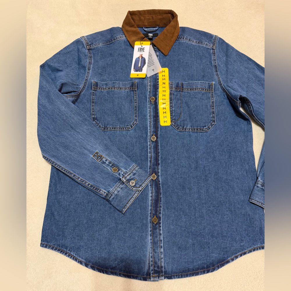 Frye Blue Barn Denim Shacket with Brown Collar XL NWT